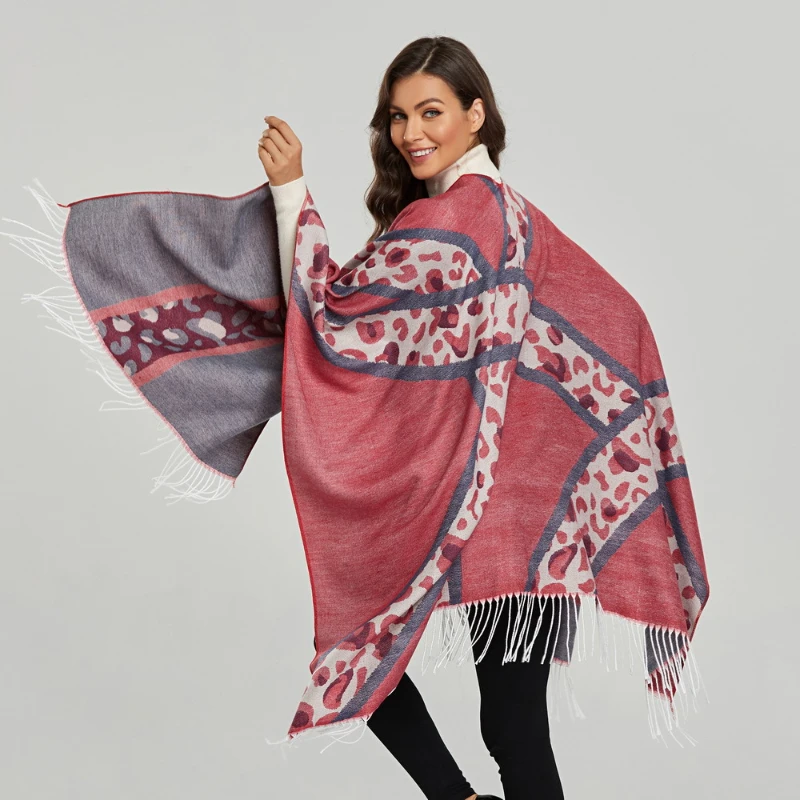 

Зимний женский свободный шарф TEELYNN с леопардовым принтом, винтажная Этническая вязаная теплая шаль, Повседневный Кардиган в стиле бохо, накидка-кимоно, плащ, пальто