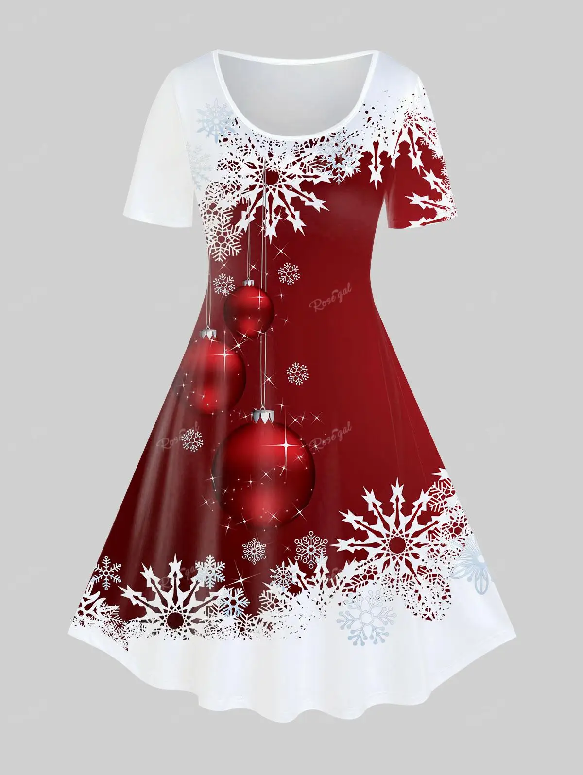 

ROSEGAL Plus Size 3D Christmas Snowflake Ball Print Dresses Female Vintage Graphic Short Sleeves Knee-Length Dresses S-5XL