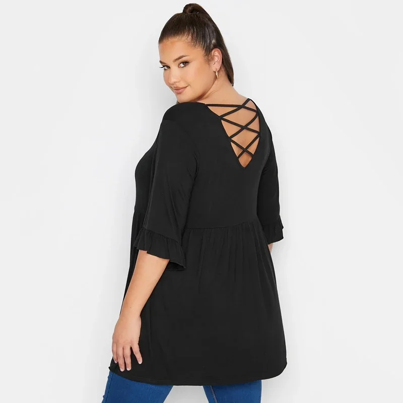 

Plus Size Back Cross Summer Elegant Tunic Tops Women Half Flare Sleeve Scoop Neck Casual Loose Fit Peplum Blouse Large Size 7XL