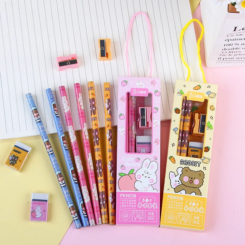 

5Pcs/set Writting Supplies Students Children Kids Gifts Cartoon Stationery Set with Ruler Pencil Eraser Sharpener