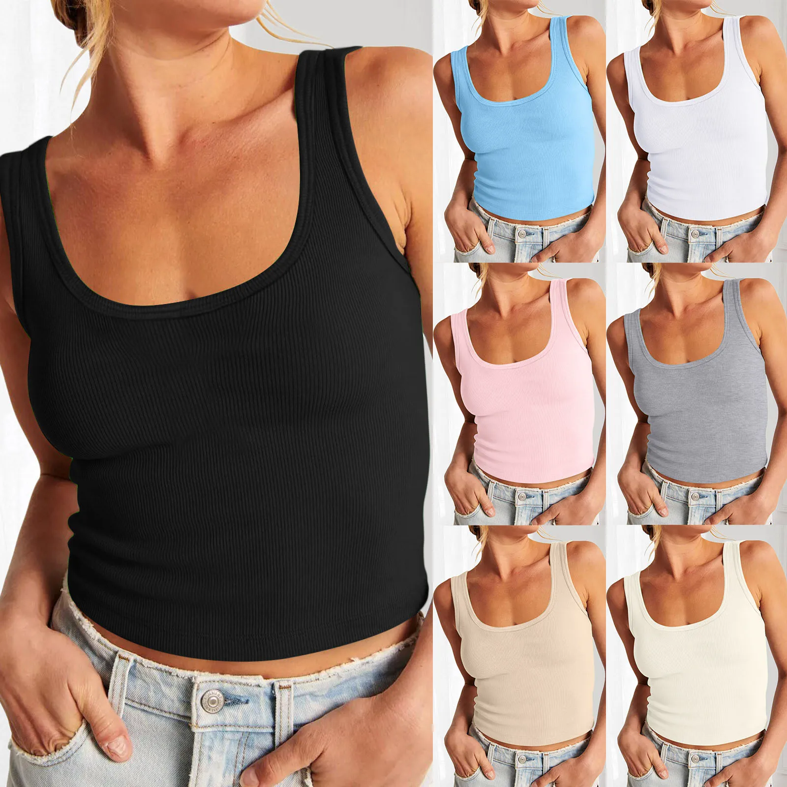 

Women's Scoop Neck Sleeveless Knit Ribbed Fitted Casual Crop Tank Top Seamless Camisoles for Women