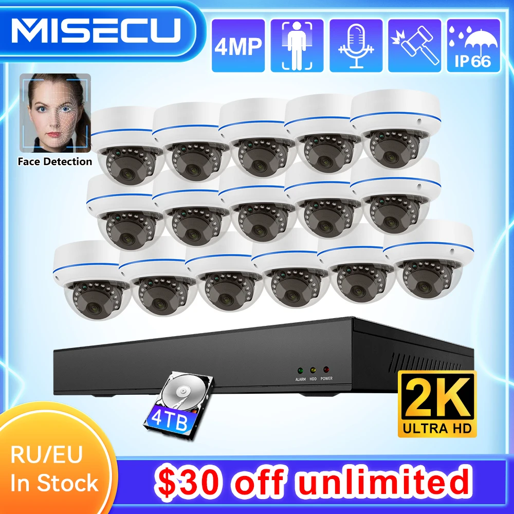 

MISECU H.265 16CH 4MP POE NVR Kit AI Camera Face Detect Dome Indoor Waterproof Security IP Camera Video Surveillance Set