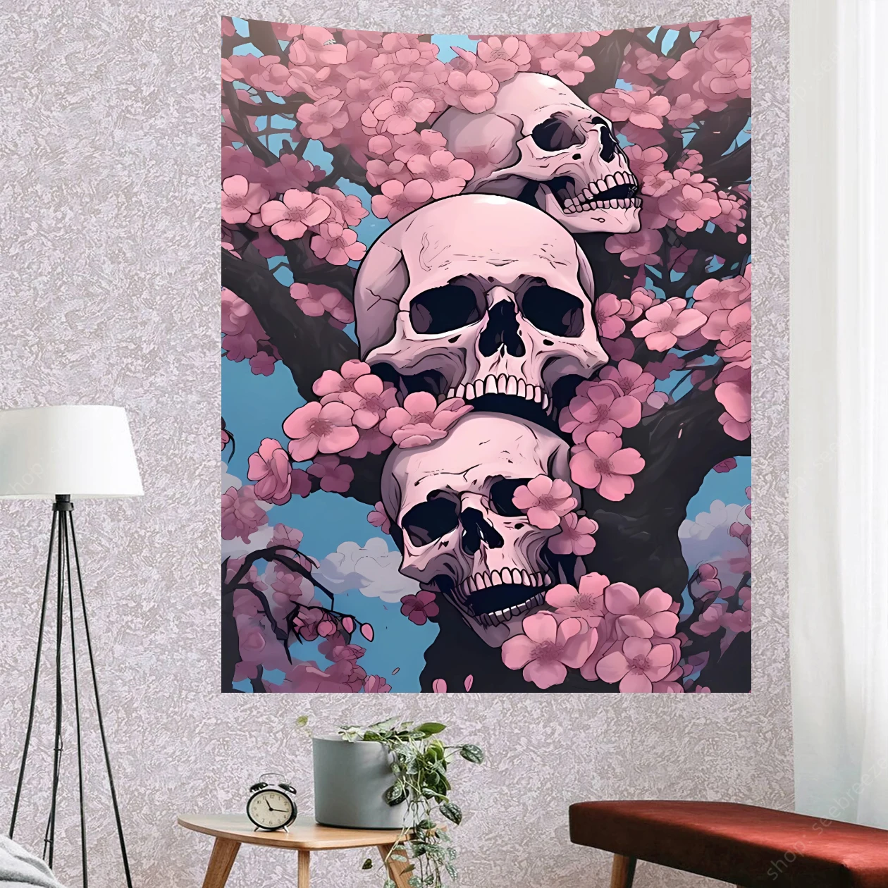 

Pink Sakura Skull Tapestry Room Decor Wall Hanging Cherry Blossoms for Living Room Bedroom Aesthetics Decor Yoga Mat Sofa Mat