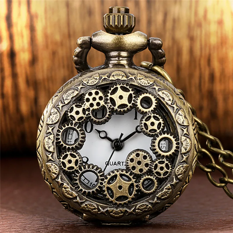 

Bronze Hollow Out Gear Cover Men Women Quartz Analog Pocket Watch Arabic Numeral Necklace Chain Small Size Timepiece reloj