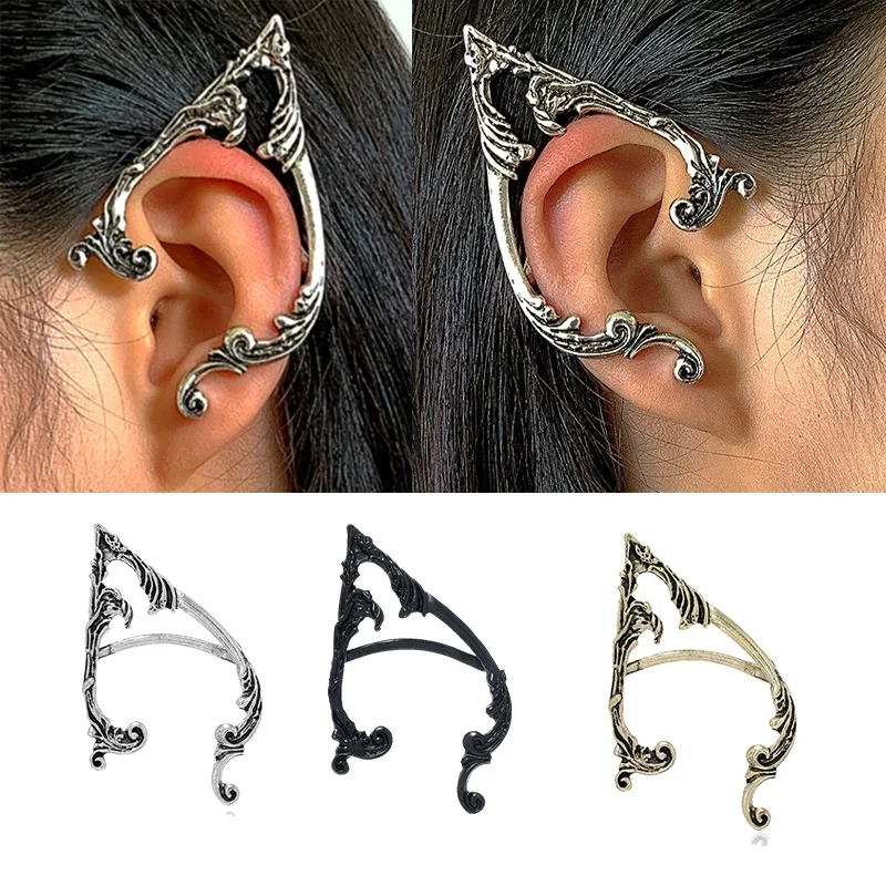 

Punk Fairy Ear Cuff Earring Dark Elf Ear Clip No Piercing Earrings Antique Silver Color Goth Halloween Earcuff Jewelry Party