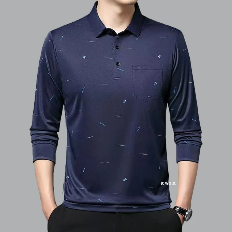 

Spring and Autumn 2024 Men's Turndown Collar Spliced Button Print Fashion Loose Fit Long Sleeved T-shirt Casual Polo Shirts