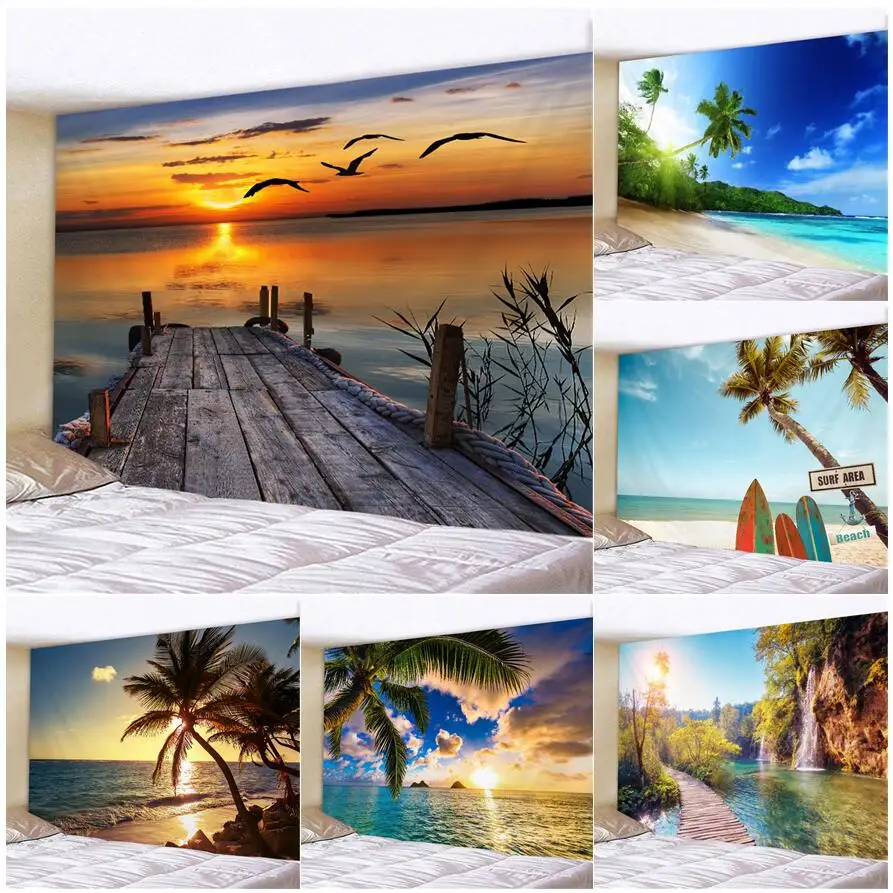 

Bird Wooden Bridge Sunset Landscape Tapestry For Bedroom Ocean Coconut Trees Dusk Sea Wave Lake Scenery Wall Hanging Home Decor