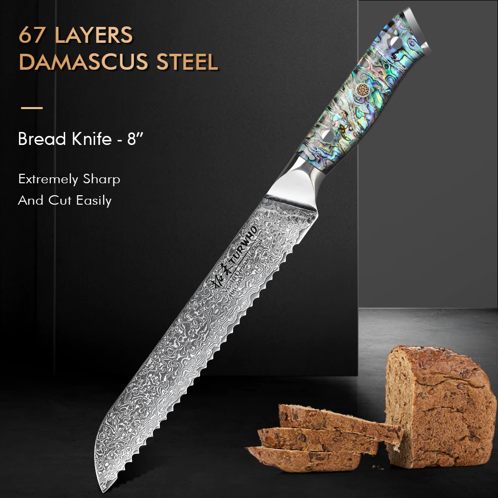 

TURWHO 8 Inch Serrated Kitchen Chef Knives 67 Layer Damascus Steel Sharp Cut Cheese Toast Cake Bread Knife with Abalone Shell