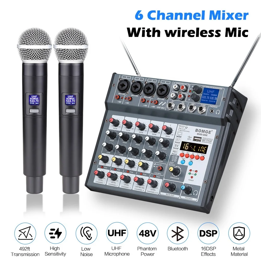 

New 6 Channel Audio Mixer Mixing Console Built-in Microphone UHF Wireless Mics Bluetooth USB 16 DSP Effect For DJ Karaoke PC