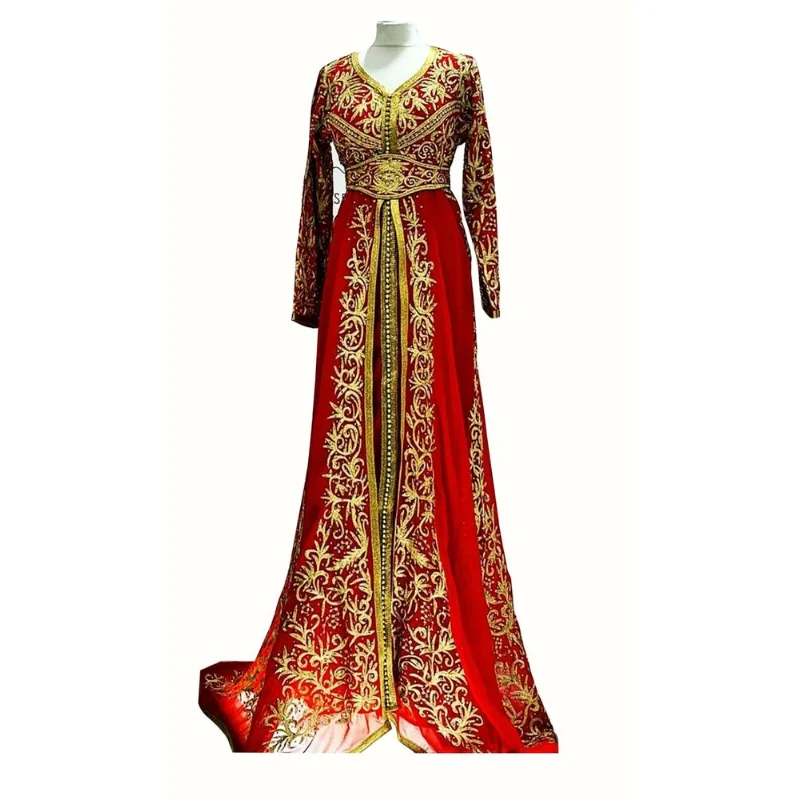 

Red Wedding Morocon Dubai Abaya Kaftan Fancy Work Aari Embroidered Stone European and American Fashion Trends