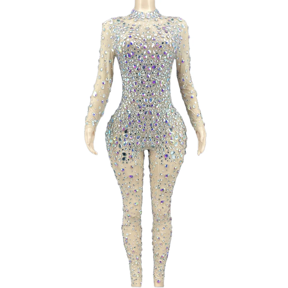 

Nude Shining Crystal Rhinestones Long Sleeves Sexy Jumpsuits For Women Nightclub Party Clothing Stage Singer Costumes Prom Wear