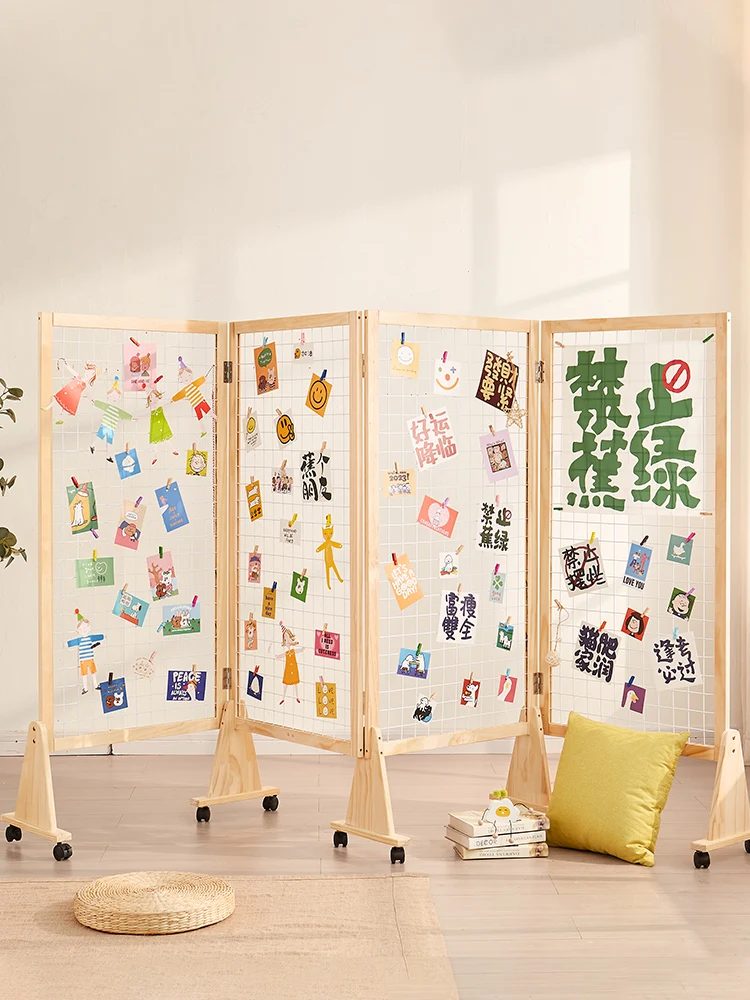 

Screen partition grid display rack made of solid wood, movable and foldable kindergarten handmade works, calligraphy
