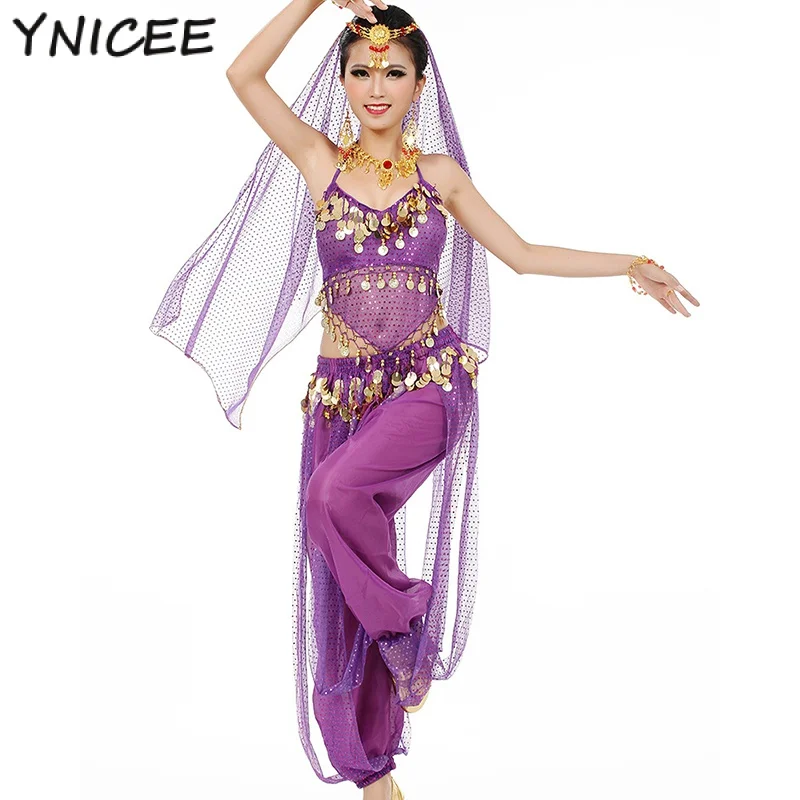 

Women Ladies Bollywood Belly Dance Costumes India Arabian Stage Coins Lace-up Back Top Harem Pants Halloween Costume Cosplay