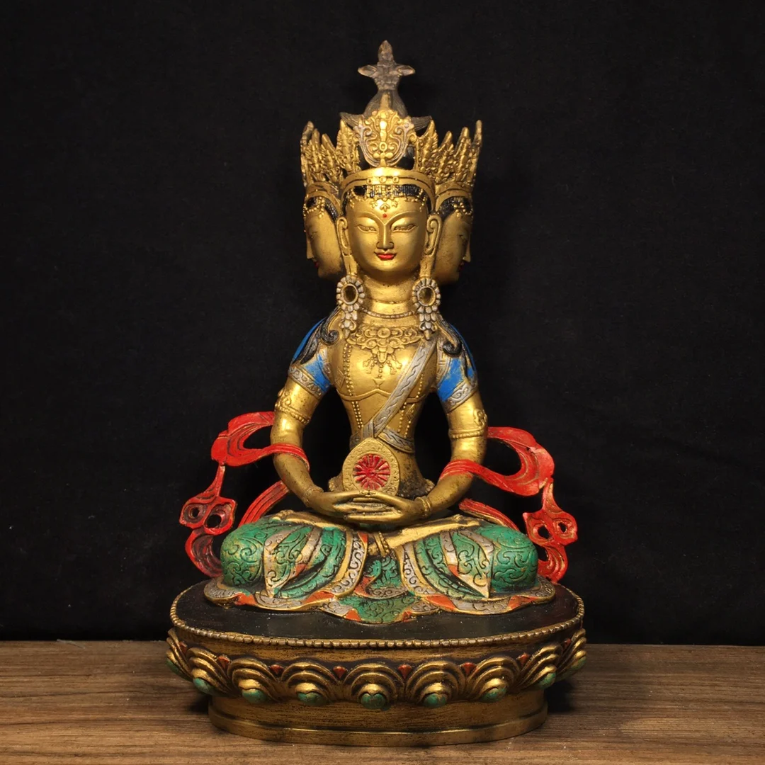 

12"Tibet Temple Collection Old Bronze Painted Phra Phrom Head Longevity Buddha Amitayus Lotus Platform Worship Hall Town house