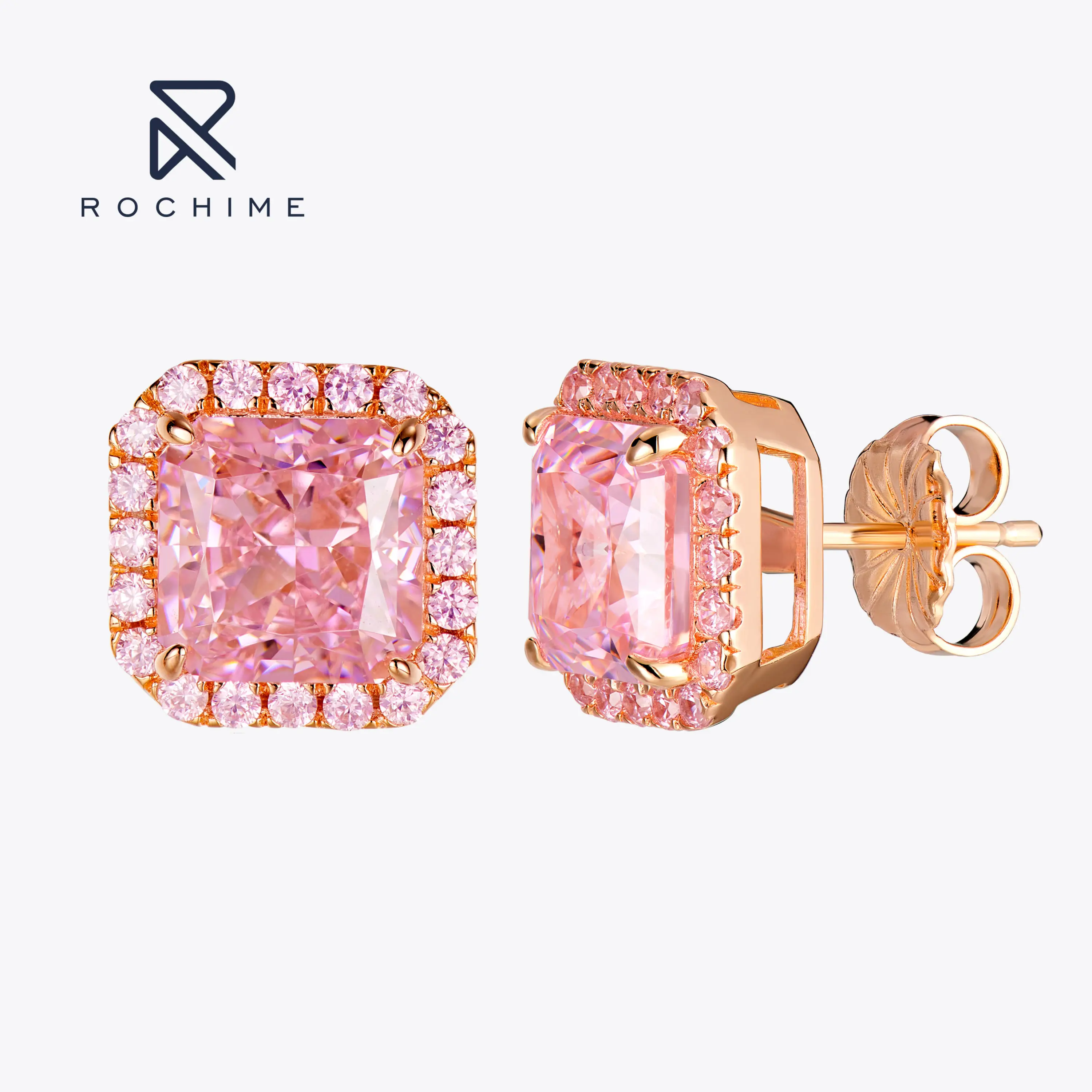 

Rochime Fashion Jewelry Halo Pink Gemstone Stud Earrings 925 Sterling Silver Rose Gold Plated Zircon Fine Jewelry For Women