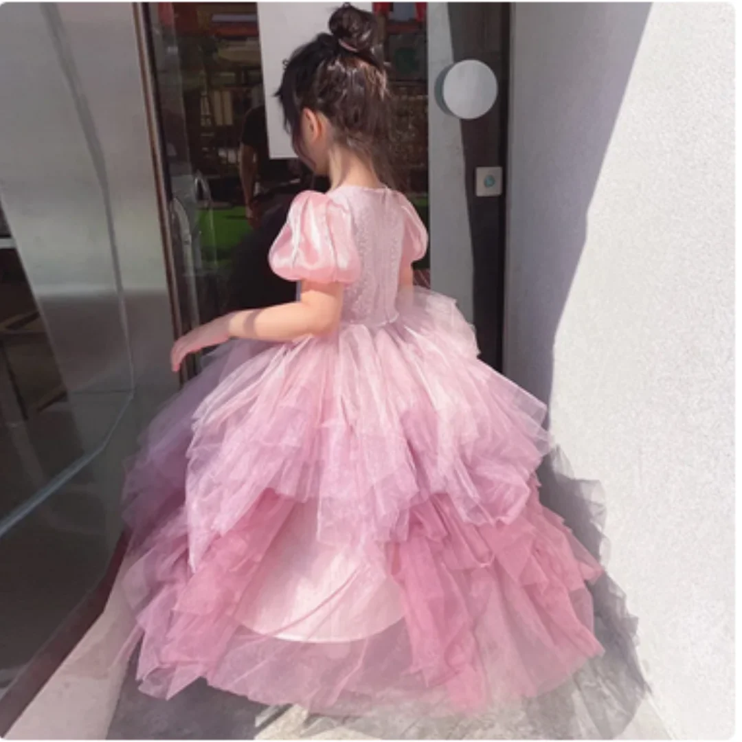 

Flower Girl Dresses Tulle Layers First Communion Kids Dresses Puff Sleeveless Bow Knot Wedding Little Bride Gowns