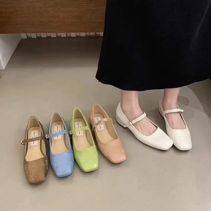 

2024 Elegant Woman Square Toe Solid Lolita Loafers Pink Ballerina Party Flats Kawaii Barefoot Designer Mary Jane Shoes