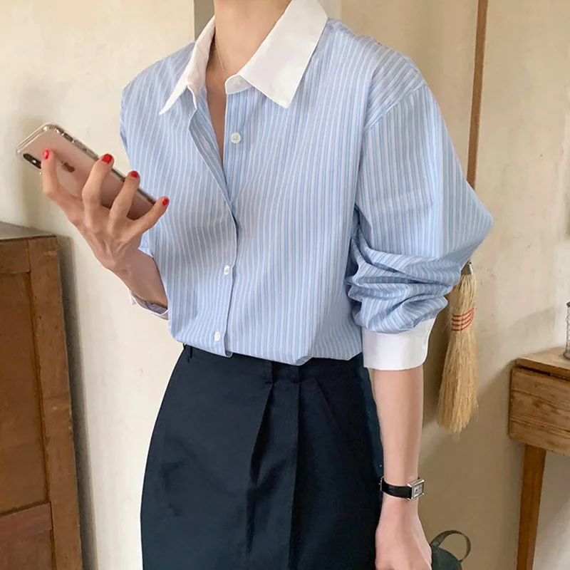 Striped Shirt Women Contrast Color Casual Blouse Female Lapel Long Sleeve Chic Shirts Ladies Fashion Loose Office Shirt Spring
Striped Shirt Women Contrast Color Casual Blouse Female Lapel Long Sleeve Chic Shirts Ladies Fashion Loose Office Shirt Spring