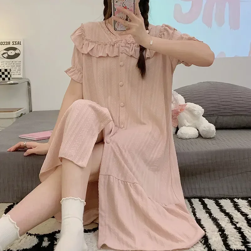 

Women Sleeve Short Sleepshirts Dress Sexy Robe Long Nightdress Cute Fairy Lace Solid Summer Sweet Color Nightgown Night Neck