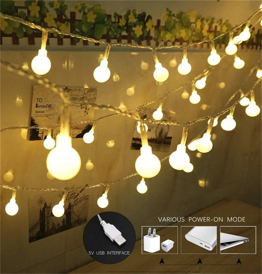 

3/5/10M USB Power LED Ball Garland Lights Fairy String Waterproof Outdoor Lamp Christmas Holiday Wedding Party Lights Decoration