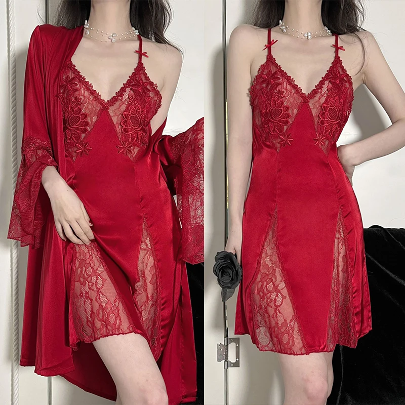 Женский комплект с халатами, Сексуальная кружевная ночная рубашка на бретелях, халат, Свадебный халат для невесты, подружки невесты, утренняя рубашка, Свободная Повседневная Домашняя одежда, одежда для сна 
Женский комплект с халатами, Сексуальная кружевная ночная рубашка на бретелях, халат, Свадебный халат для невесты, подружки невесты, утренняя рубашка, Свободная Повседневная Домашняя одежда, одежда для сна