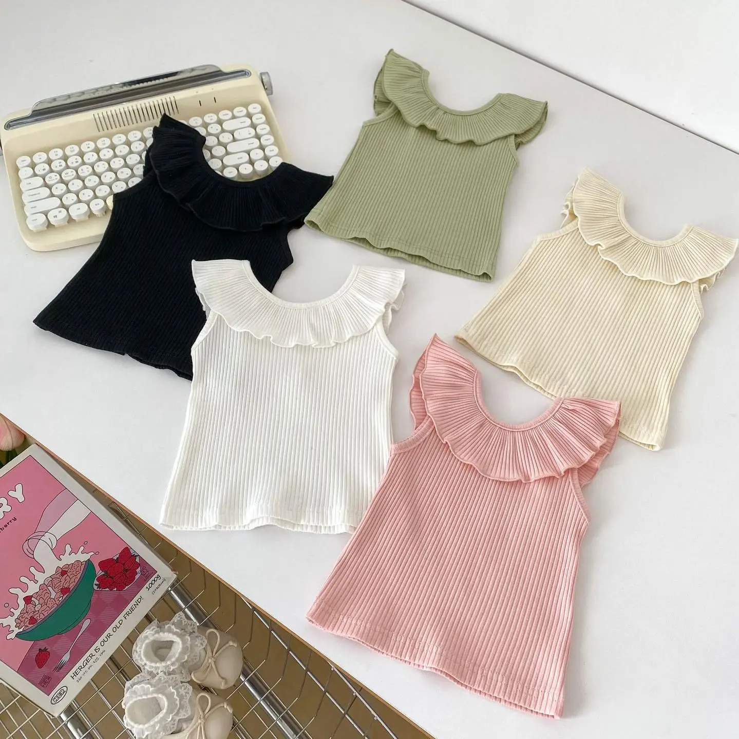 

Ins New Girl Children Solid Thin Lotus Collar Sleeveless T-shirts Baby All-match Casual Ribbed Vest Newborn Cotton Fashion Tops