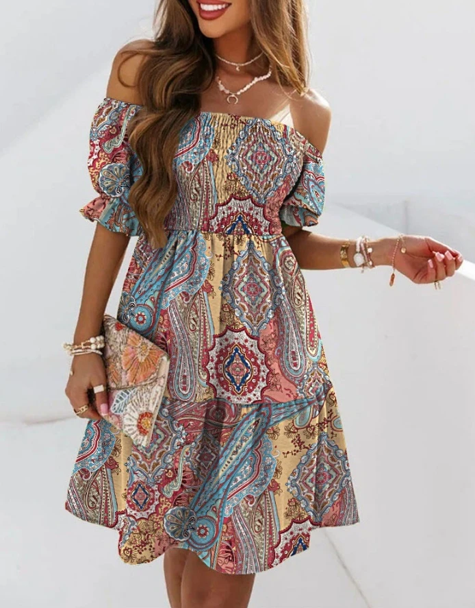 

Women's Beach Dress 2024 Spring/summer Latest Puff Sleeve Off Shoulder Paisley Print Swing Bell Sleeve Shirred Short Skirt