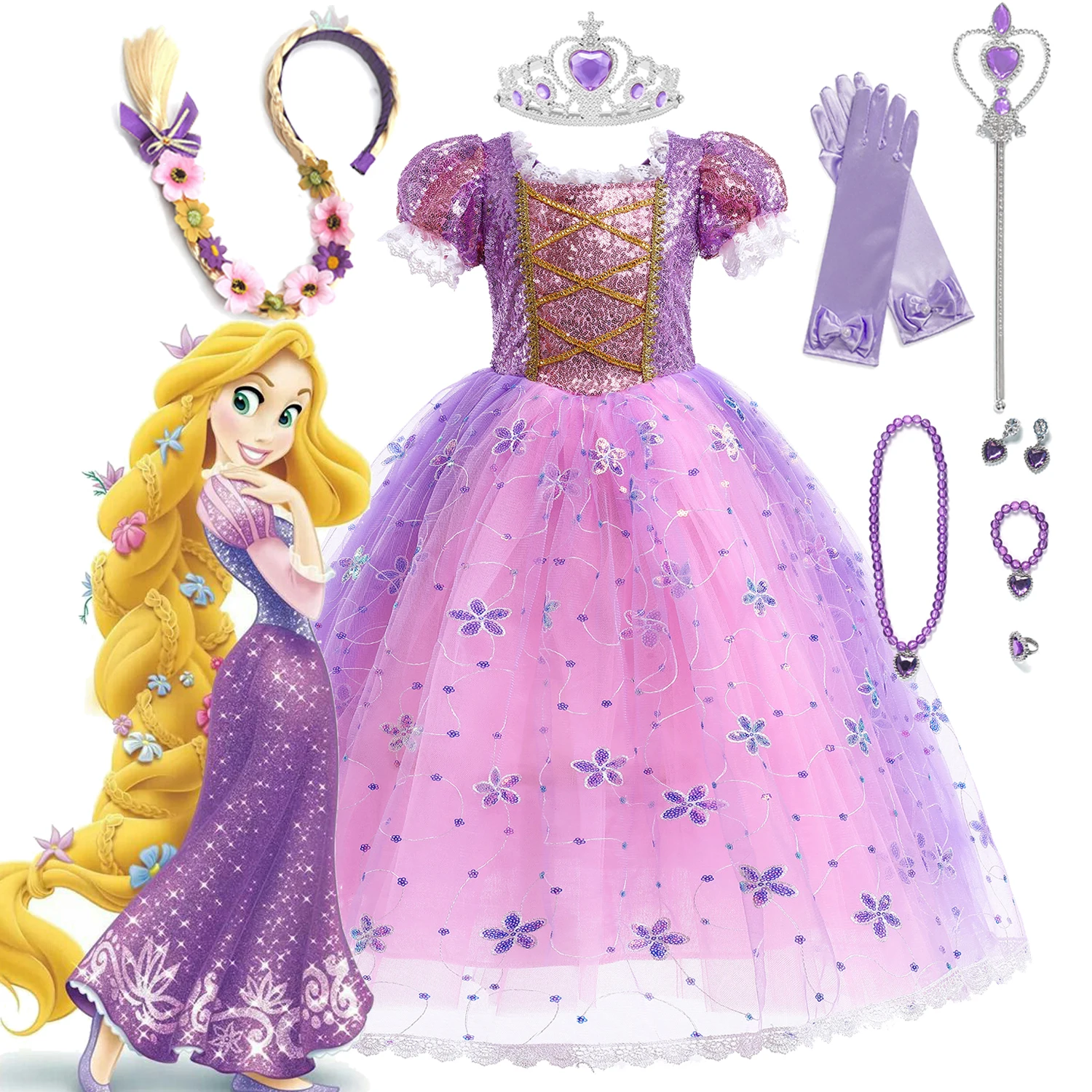 

Disney Girls Princess Rapunzel Deluxe Party Dress With Sequined Tangled Movie Cosplay Costume Halloween Carnival Fairy Tale Gown