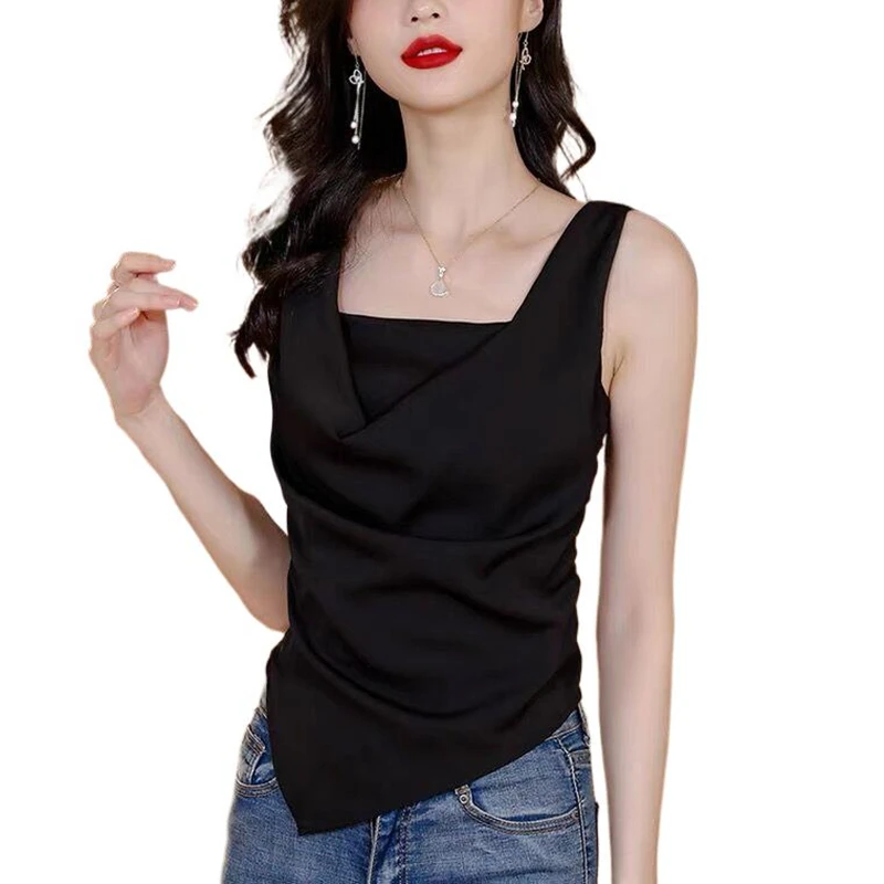 

Korean Ladies Fashion sexy Street Wear Acetate Satin Vest Burgundy black asymmetrical artificial silk blouse tops white shirt