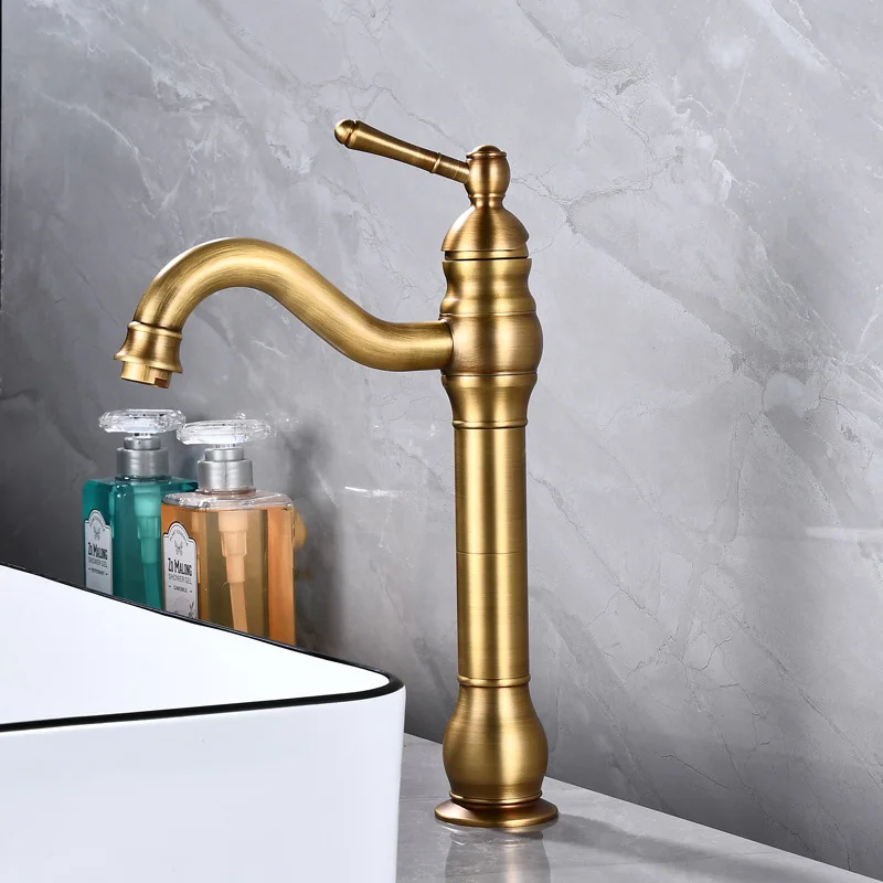 

Antique Brass Basin Faucet Bathroom Vessel Sink Faucet Tall Type Deck Mounted Rotation Long Spout Lavatory Hot Cold Mixer Tap