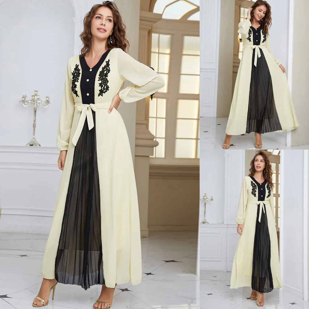 

2024 Spring Summer Dress for Women New Fashion Appliques V-neck Pleated Long Dresses Belted Women Clothing Women's Dress Casual