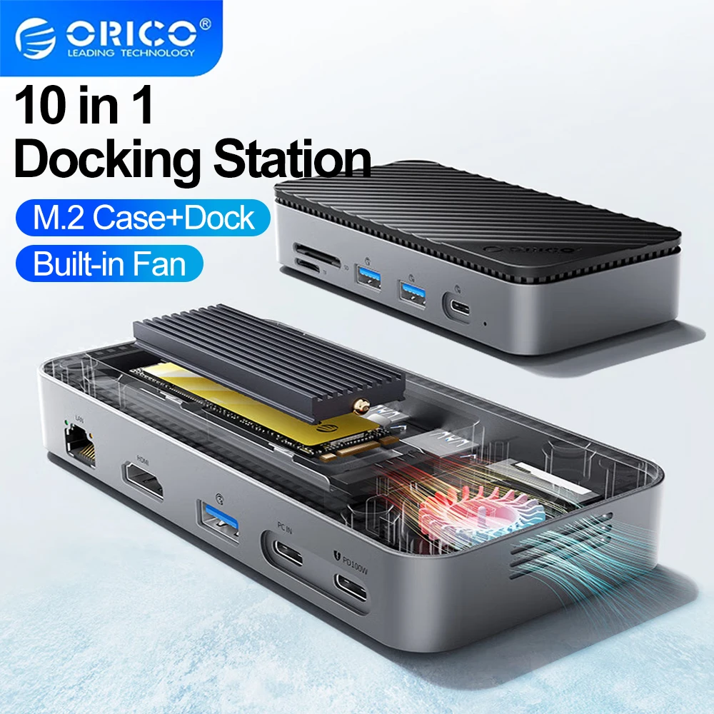 

ORICO USB C HUB with Cooling Fan M.2 NVMe SATA SSD Enclosure External 10Gbps 4K@60Hz HDMI-Com RJ45 SD/TF Docking Station for PC