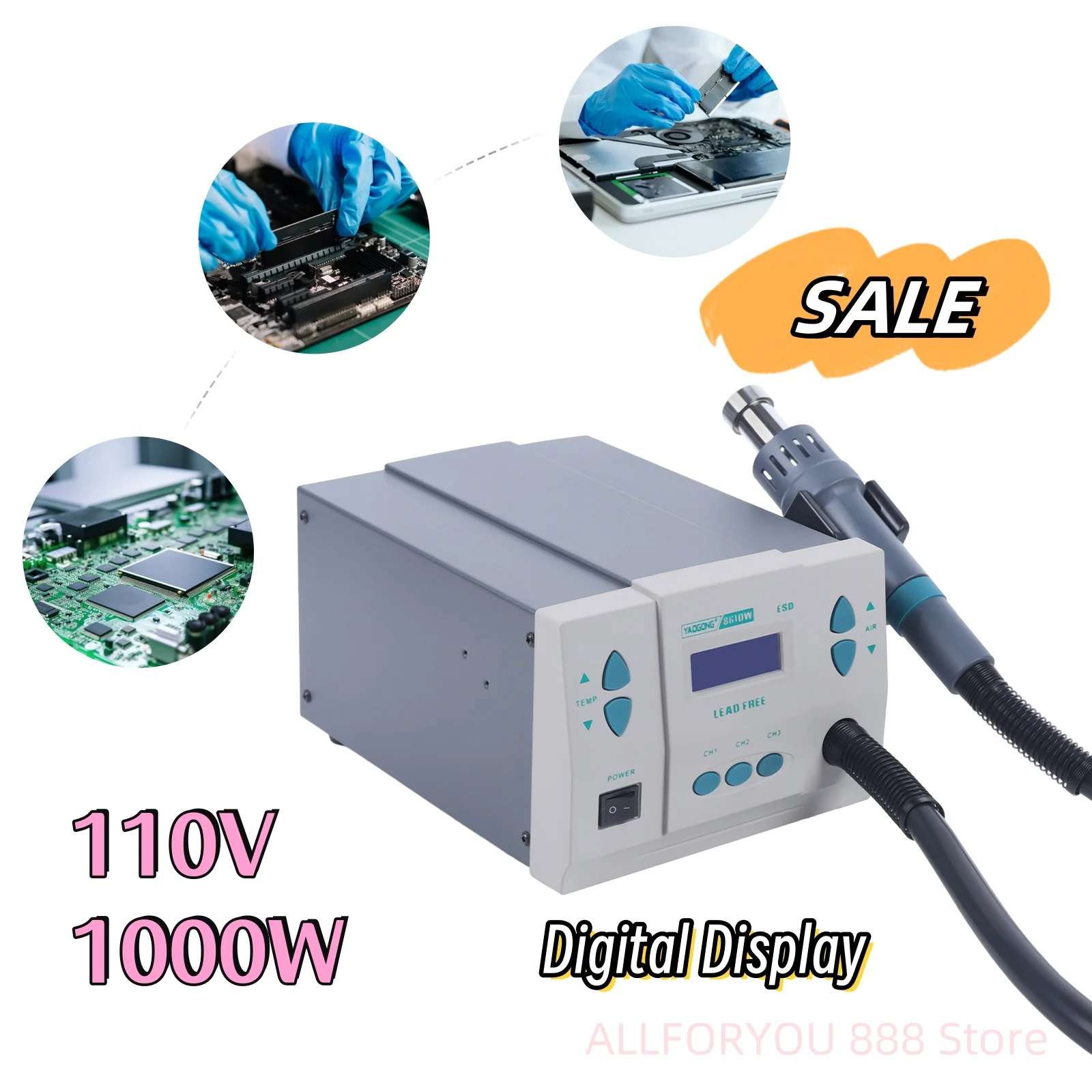 1000W 110V Lead Free Digital Display Hot Air Gun Brushless Turbo Fan Temperature Range 100℃~500℃
1000W 110V Lead Free Digital Display Hot Air Gun Brushless Turbo Fan Temperature Range 100℃~500℃