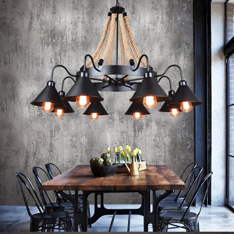 

Vintage Hemp Rope Pendant Lamps Iron Lampshade Retro Coffee House Bar Indoor Lightings E27 Industrial Style Chain Light