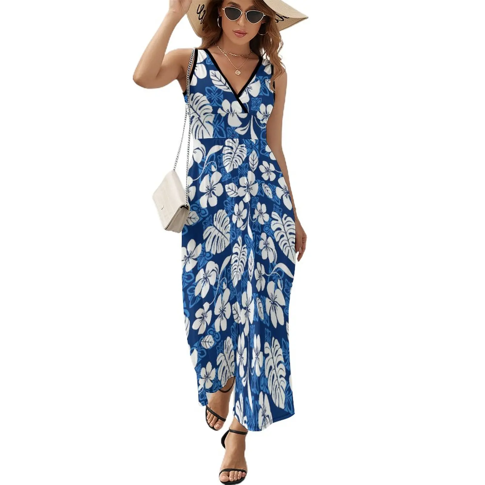 

Платье-Макси женское с тропическим цветочным принтом, элегантное уличное длинное пляжное в стиле бохо, с V-образным вырезом, без рукавов, в стиле ретро