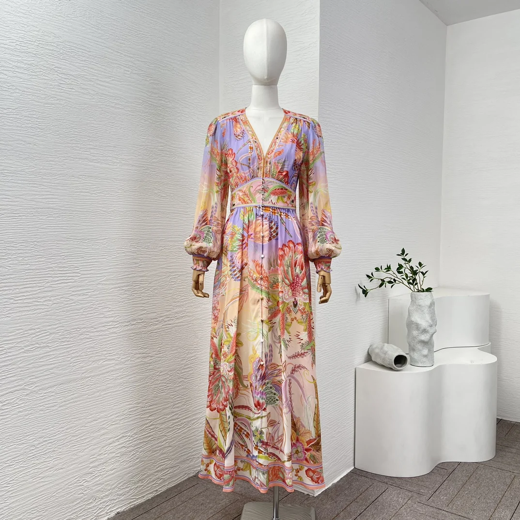 

Женское винтажное шелковое платье миди, изящное платье с цветочным принтом, длинными рукавами-фонариками и стразами, праздничное платье 2024