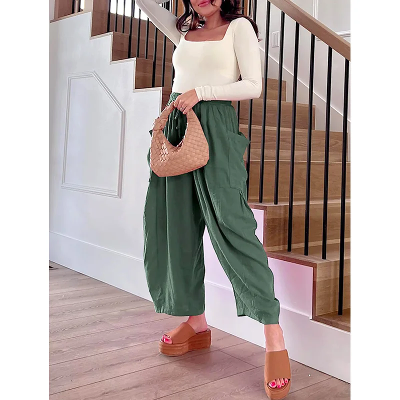Summer Women Pants Wide Leg Pleated Deep Crotch Elastic Waist Drawstring Ankle Length Long Trousers Casual Loose Pants 2023
Summer Women Pants Wide Leg Pleated Deep Crotch Elastic Waist Drawstring Ankle Length Long Trousers Casual Loose Pants 2023