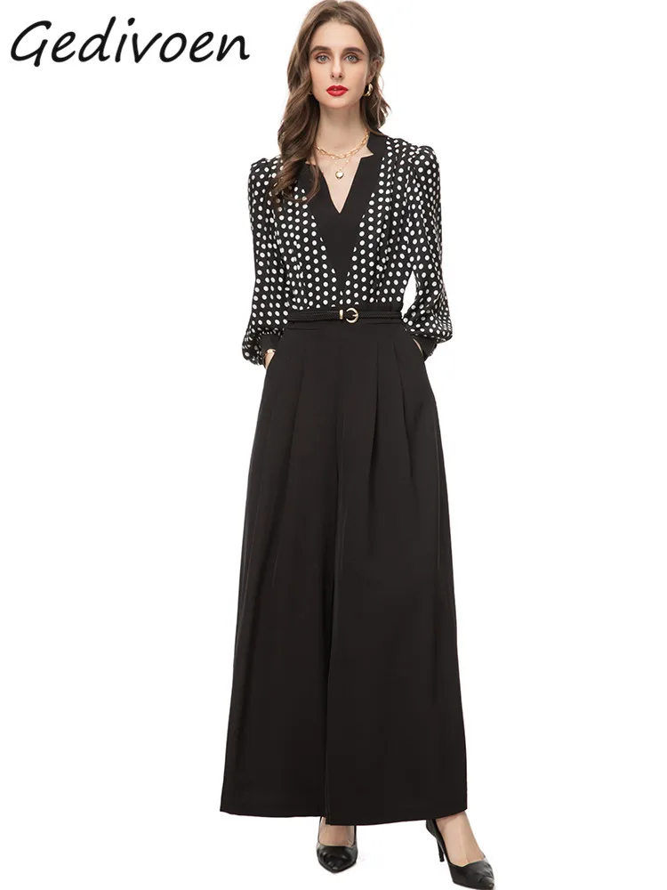 Женский комбинезон в горошек Gedivoen, модельный винтажный комбинезон с V-образным вырезом и длинным рукавом, приталенный комбинезон с широкими штанинами и поясом, весна 2019 
Женский комбинезон в горошек Gedivoen, модельный винтажный комбинезон с V-образным вырезом и длинным рукавом, приталенный комбинезон с широкими штанинами и поясом, весна 2019