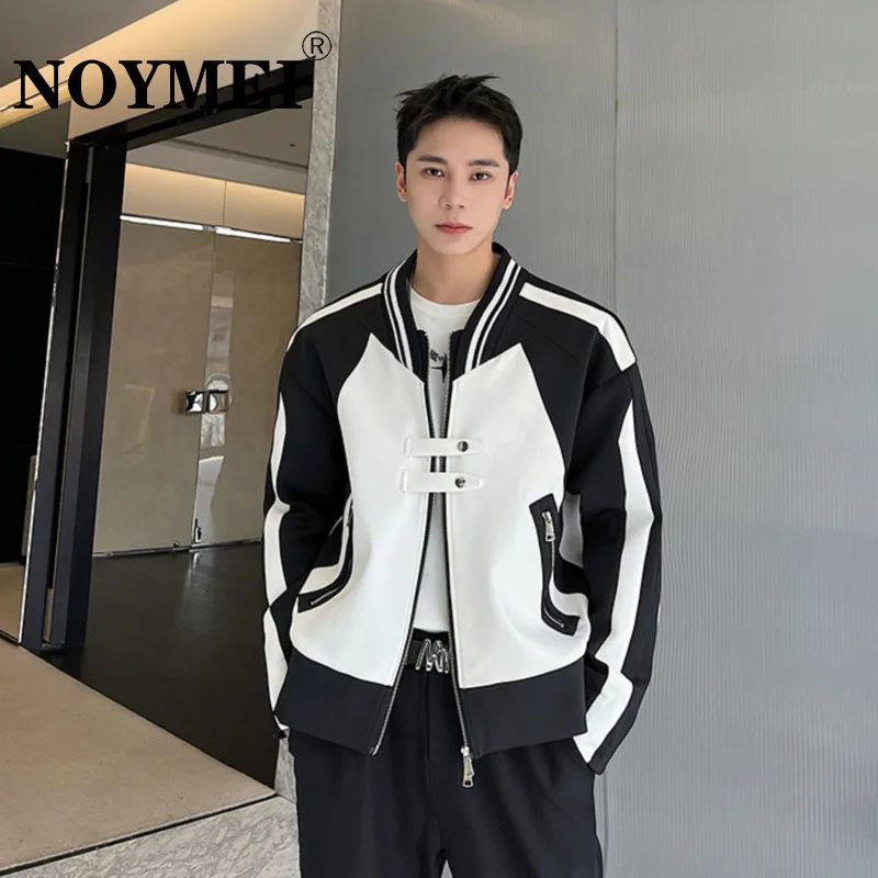 

NOYMEI Contrast Color Men's Jacket Patchwork All-match Casual Loose Collarless Fashion Korean Style Autumn 2024 Male Coat WA2909