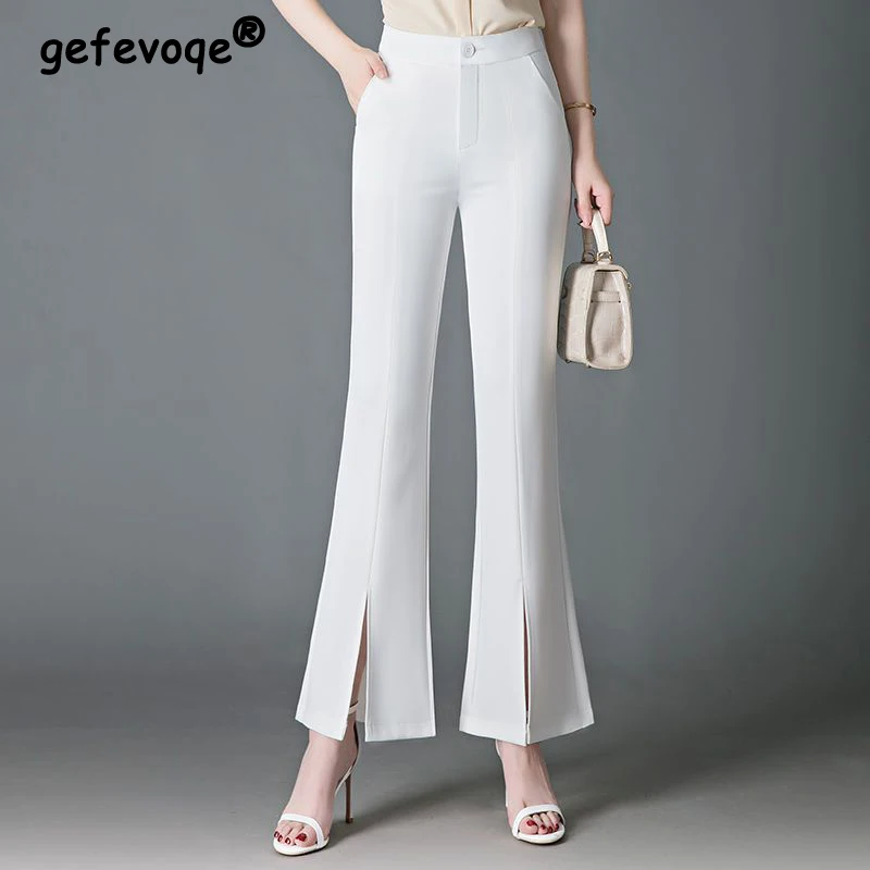 

Womens Clothing Summer Slit High Waist Slim Elegant Suit Flared Pants Korean Fashion Office Lady Trousers Black White Pantalones
