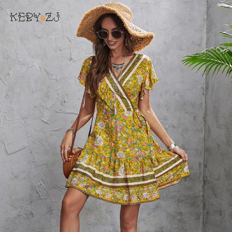 

KEBY ZJ Summer Dresses Women 2022 Floral Print Bohemia Beach Dress Yellow Elegant Vacation Sundress Short Sleeve Chiffon Dress