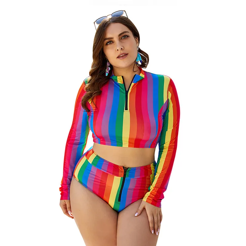 

Rainbow Striped Plus Size Separate Swimsuit Women High Waisted Sexy Swimwear Long Sleeve Two-piece Suit BBW Swim Bathing Suit