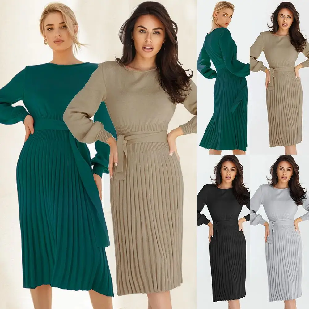 

Women's Knit Belted Spring Midi Dress Short Puff Sleeve Wrap Round Neck Flowy Ruffle Pleated Casual Pleated Dresses
