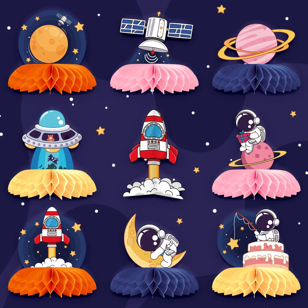 9pcs Astronaut On The Moon Honeycomb Ball Centerpieces Spaceship Outer Space Station Birthday Party Rocket Launching Party Favor
9pcs Astronaut On The Moon Honeycomb Ball Centerpieces Spaceship Outer Space Station Birthday Party Rocket Launching Party Favor