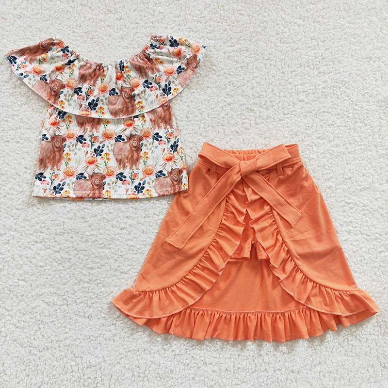 

Оптовая продажа, летняя одежда для маленьких девочек в западном стиле, с коровьим цветочным принтом, Детский комплект с цветами, хлопковый наряд с поясом, шортами и юбкой