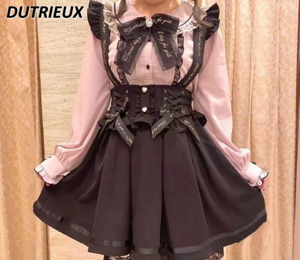 

Japanese Style Alphabet Suspender Skirt Girl Women Cute Sweet Lolita Bow Black A-line Short Skirt Cosplay Clothes Faldas Mujer