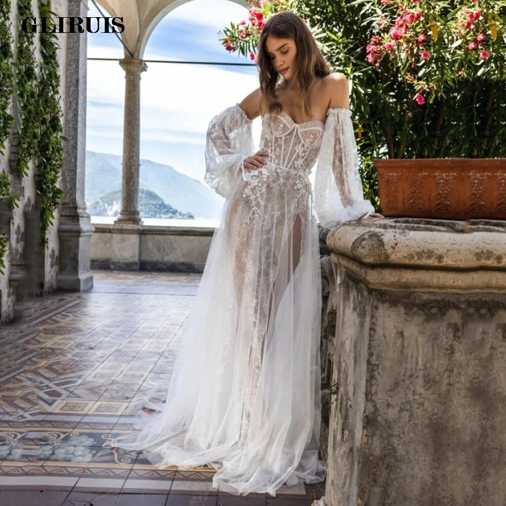 

2022 Illusion Lace And Tulle Beach Wedding Dresses Sweetheart Puffy Sleeves Bridal Gowns High Slit Brides Dress Robes de mar