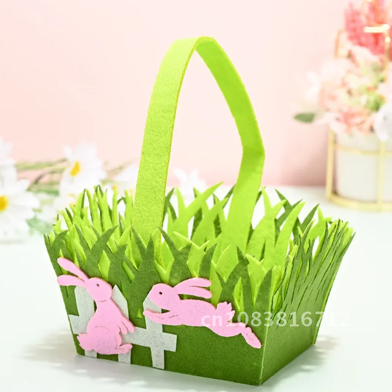 

New Easter Decoration Portable Green Basket Non-woven Bunny Chick Ornaments Creative Easter Basket Decorations for Home