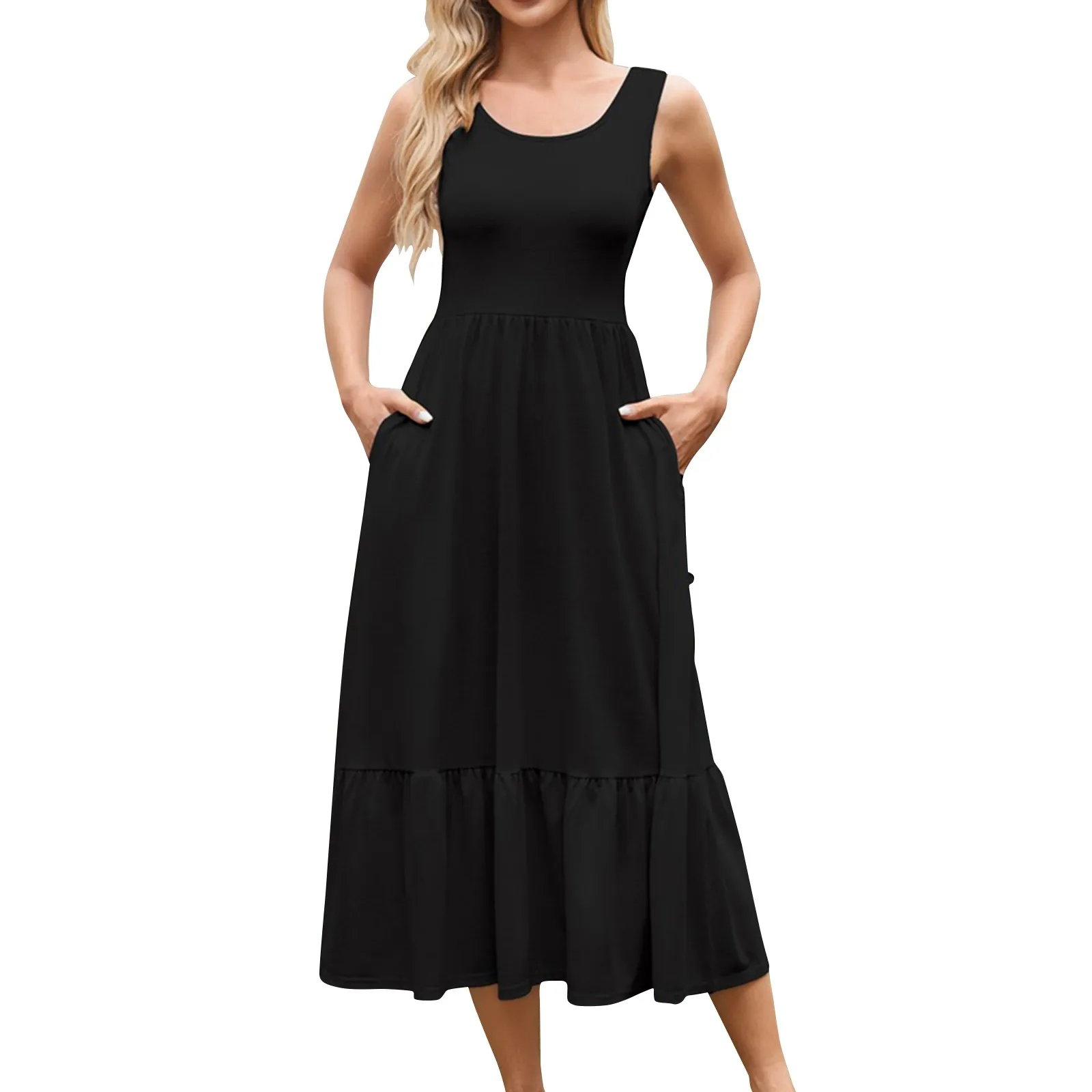 

Женское однотонное повседневное плиссированное платье с квадратным вырезом и большим подолом без рукавов с карманами vestidos de verano для женщин 2024 신상상상스 스