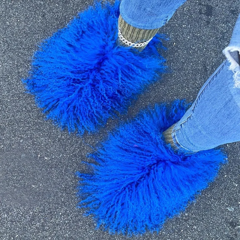 

Curly Mongolian Sheep Fur Slippers Customized Fluffy Tibetan Lamb Fur Slippers Women Real Fur Slides